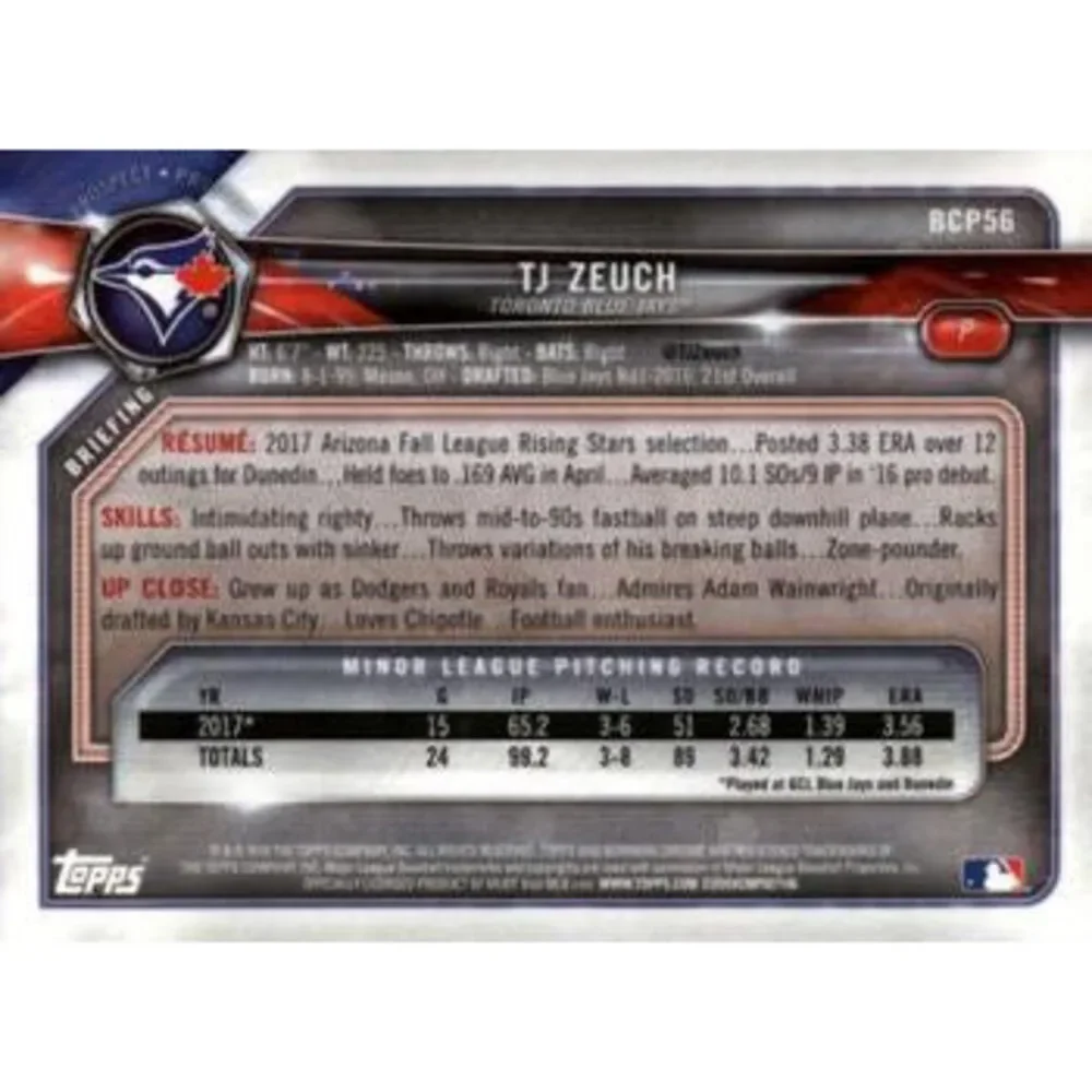 2018 Bowman Chrome Prospects T.J. Zeuch BCP56 Toronto Blue Jays